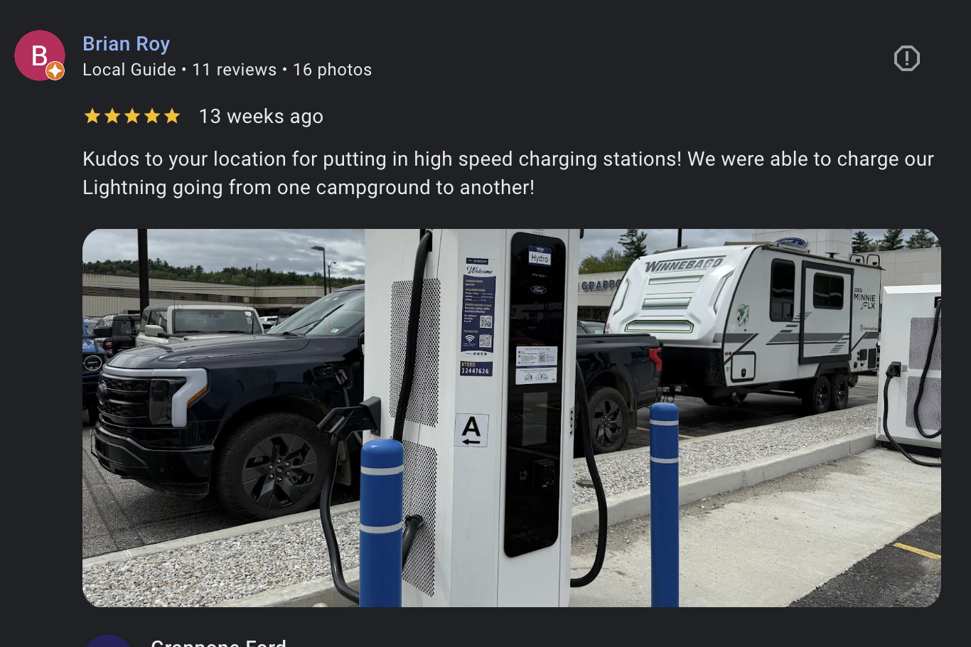 A screenshot of a review shows that user Brian Roy, Local Guide, gave 5 stars and wrote: Kudos to your location for putting in high speed charging stations! We were able to charge our Lightning going from one campground to another!